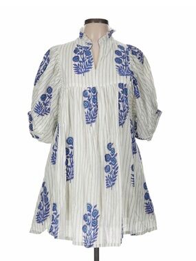 Fox & Hen Blue White Block Print Puff Sleeve Mini Dress Size M